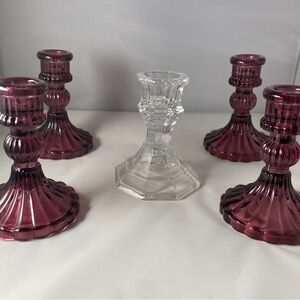 NEW Elegant Glass Candle Holders Set - Burgundy and Clear NEW